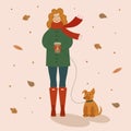 Vector illustration of a cute women with a hot drink in her hands, walking in the autumn park with her dog among the falling leave Royalty Free Stock Photo